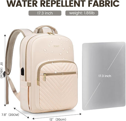 LOVEVOOK Laptop Backpack for Women 17.3 inch,Cute Womens Travel Backpack Purse,Professional Laptop Computer Bag,Waterproof Work Business College Teacher Bags Carry on Backpack with USB Port,Off-white