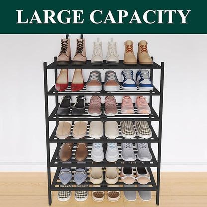 Smiry Bamboo Shoe Rack 6-Tier, Stackable Wooden Shoe Organizer for Entryway & Closet, Free Standing Wood Shoe Storage Shelf for Front Door & Small Spaces, Black