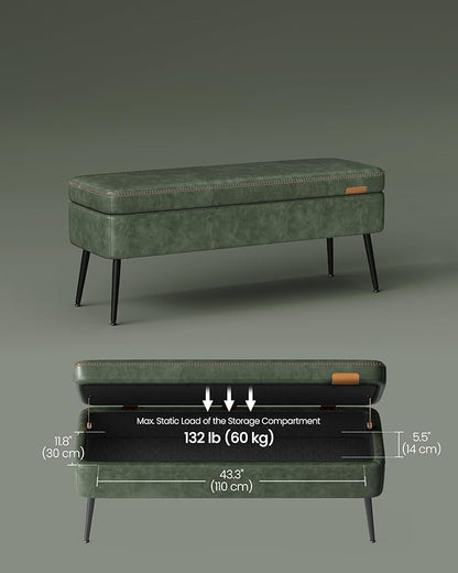 VASAGLE EKHO Collection - Storage Ottoman Bench, Entryway Bedroom Bench, 15 Gallons, Synthetic Leather with Stitching, Mid-Century Modern, Safety Hinges, Loads 660 lb, Forest Green ULOM074C01