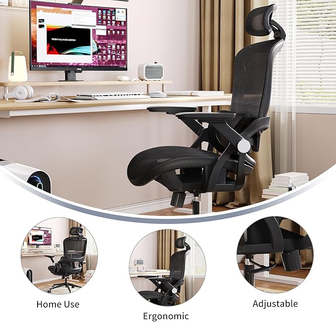 Monhey Office Chair Ergonomic Desk Chair with Lumbar Support&Headrest&Flip-up Arms Height Adjustable Rocking Swivel High Back Computer Chair Warm Taupe Mesh Study Chair (04black)
