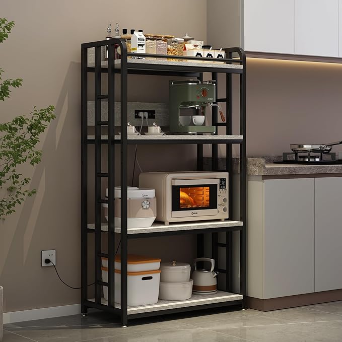 Adjustable 4-Tier Heavy Duty Kitchen Baker's Rack with Power Outlet, with Industrial Wheels, Free Standing Microwave Oven Cart Stand for Storage in Living Room, Garage, Greige