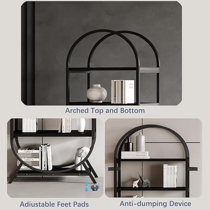Bookshelf Arched Bookcase, Industrial 5 Tier Open Book Shelves with Metal Frame, 72" Tall Freestanding Display Rack for Home Office, Living Room, Black