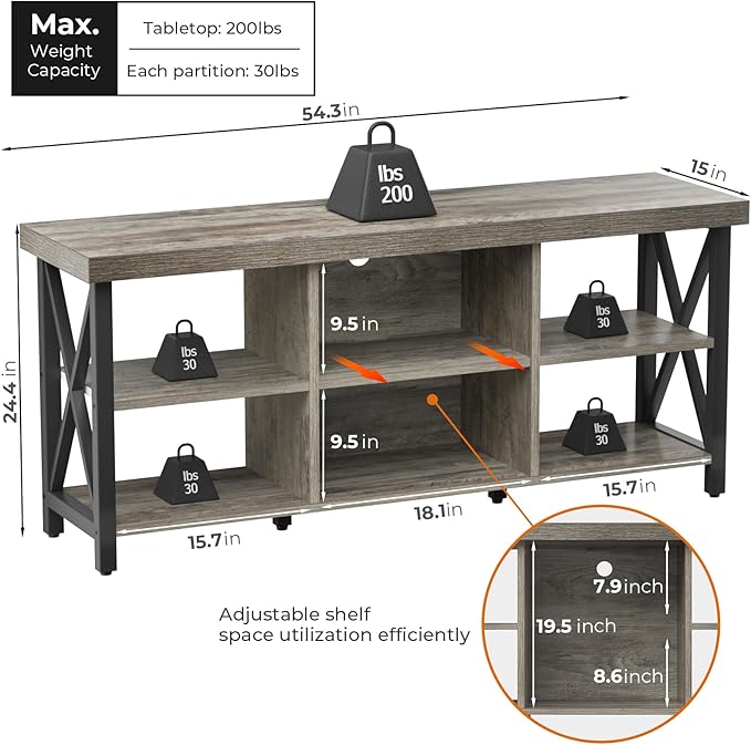 GreenForest TV Stand for TV up to 65 inches, Entertainment Center with 6 Storage Cabinet for Living Room, 55 inch Farmhouse Television Stands Console Table, Industrial TV Stands for Living Room, Gray