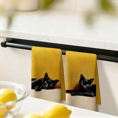 Black Cat Kitchen Dish Towels, Cat Lover Mom Lady Gifts, Mustard Yellow Moody Kitty Kitten Decorative Hand Tea Towels for Bathroom Kitchen, 16x24 Inches Set of 2