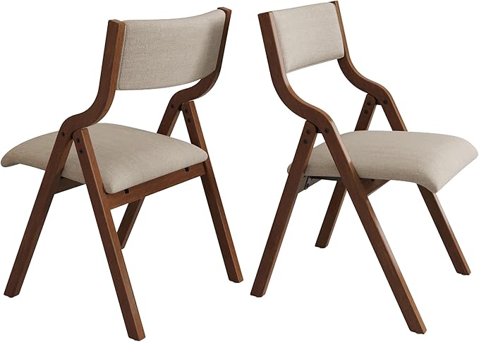 Folding Dining Chairs Set of 2, Upholstered Kitchen Chair with Padded Seat & Backrest, Modern Side-Chair with Wood Legs for Home Office Living Room,No Assembly Needed,Cream Taupe+ Walnut