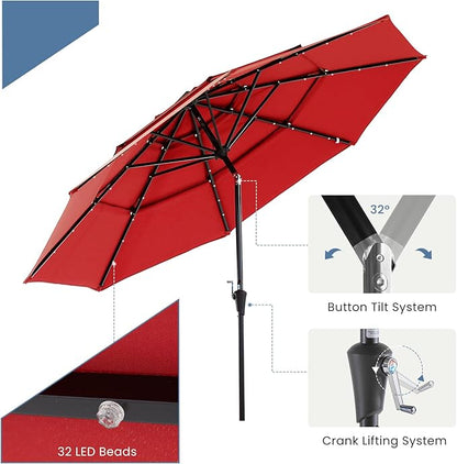 DUMOS 10FT 3-Tier Outdoor Patio Umbrella with 32 LED Lights & Crank, 8 Sturdy Ribs Table Umbrella for Pool, Market, Terrace, Beach and Outdoor Restaurant, Scarlet