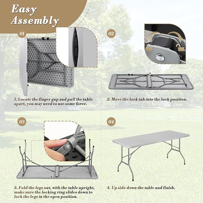 Athena Collection 6 ft Square Folding Dining Table, Large Plastic Foldable Table Portable with Carry Handle, Heavy Duty Fold-in-Half Utility for Indoor Outdoor Party Camping Picnic, Grey