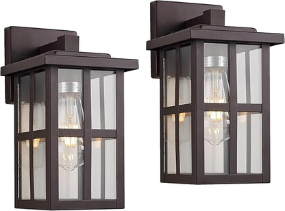 MICSIU 2-Pack Bronze Outdoor Wall Light Fixtures, 11" Modern Farmhouse Exterior Wall Mount Lantern with Clear Glass, Anti-Rust Square Sconce for House Porch Garage, Oil Rubbed Bronze