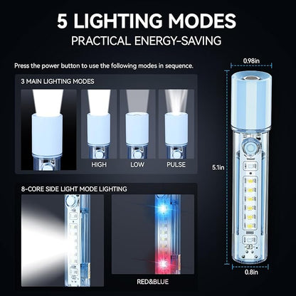 VAVOFO Blue LED Tactical Flashlight - USB-C Rechargeable, High Lumen, Fire-Resistant EDC Flashlight with Zoom Focus, 3 Modes, Red/Blue Strobe - Ideal for Camping, Hiking, Emergency Use