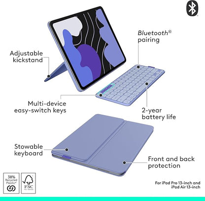 Logitech Flip Folio, Keyboard Case for iPad Pro 13-inch (M4 & M5) & iPad Air 13-inch (M2, M3 & M4) (2024, 2025 & 2026) - Protective & Stowable Bluetooth Keyboard Case, Multi-Device - Lilac