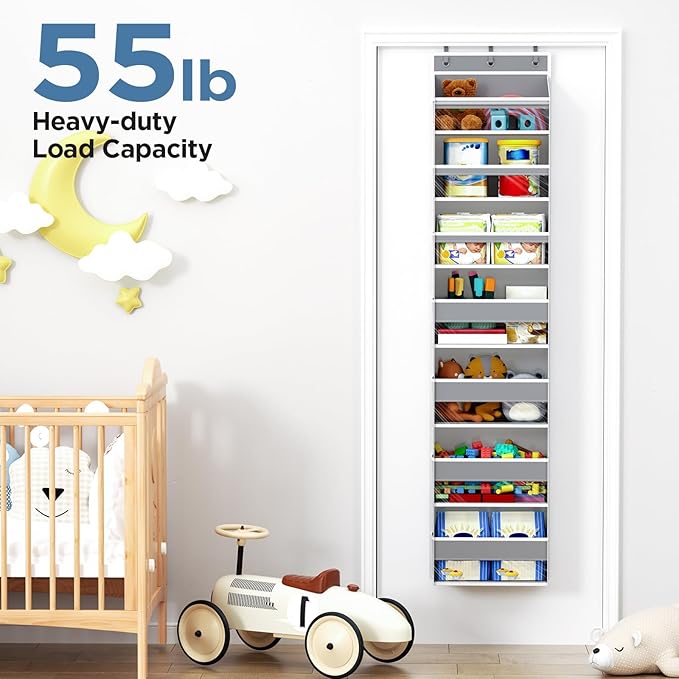Over The Door Organizer, 7 Tier Door Hanging Organizers with 7 Large Pockets 12 Side Pockets, Behind Door Storage Hanging Shelves for Closet Bathroom Bedroom Nursery