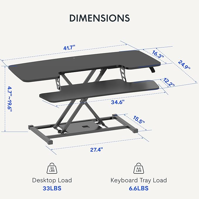 FLEXISPOT Standing Desk Converter 42-inch Spacious Sit to Stand up Dual Monitor and Laptop Riser, Big Size Tabletop Workstation with Large Keyboard Tray, Black
