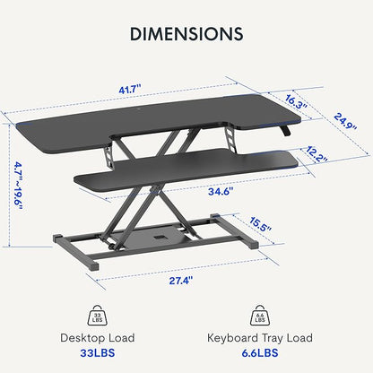 FLEXISPOT Standing Desk Converter 42-inch Spacious Sit to Stand up Dual Monitor and Laptop Riser, Big Size Tabletop Workstation with Large Keyboard Tray, Black