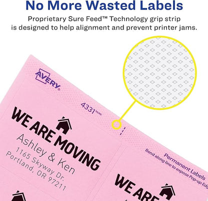 Avery Printable Labels with Sure Feed, 2" x 2-5/8", Assorted Bright Colors (Pink, Blue, Green, Yellow, and Orange), Laser & Inkjet Compatible, 150 Blank Labels Total (4331)