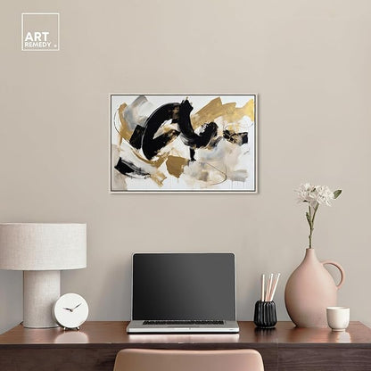 Art Remedy Moved Abstraction Canvas Modern Black White Abstract Wall Art, Silver Frame, 24" x 16"