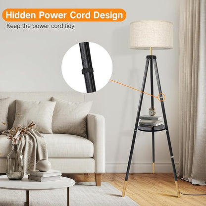 OUTON Wood Tripod Floor Lamp with Shelves, Mid Century Floor Lamp with Remote Control, 4 Color Temperature, LED Modern Dimmable Standing Lamp for Living Room, Bedroom, Office, Black & Gold