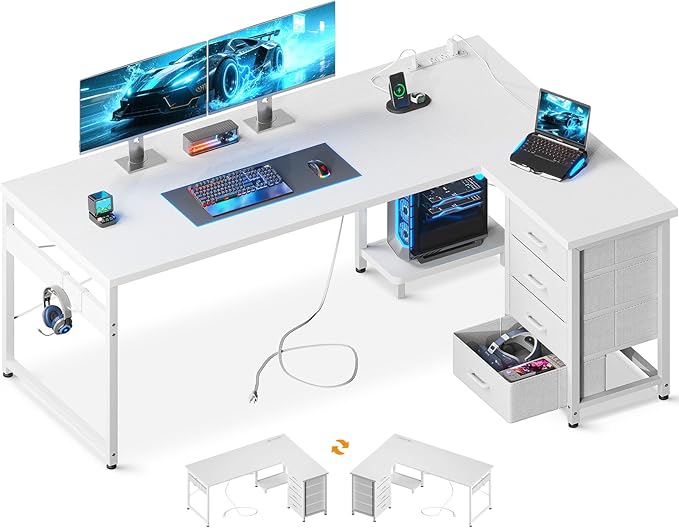 AODK L Shaped Desk with 4 Tier Drawers, 61" Reversible Gaming Desk with Power Outlets, L Shaped Computer Desk with USB Charging Port and Host Stand, Home Office Corner Desk, Easy to Assemble, White