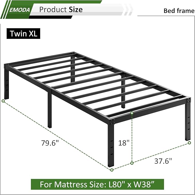 EMODA 18 Inch Twin XL Bed Frames No Box Spring Needed, Heavy Duty XL Twin Metal Platform Bed Frame with Tall Storage Space, Noise Free, Easy Assembly, Black