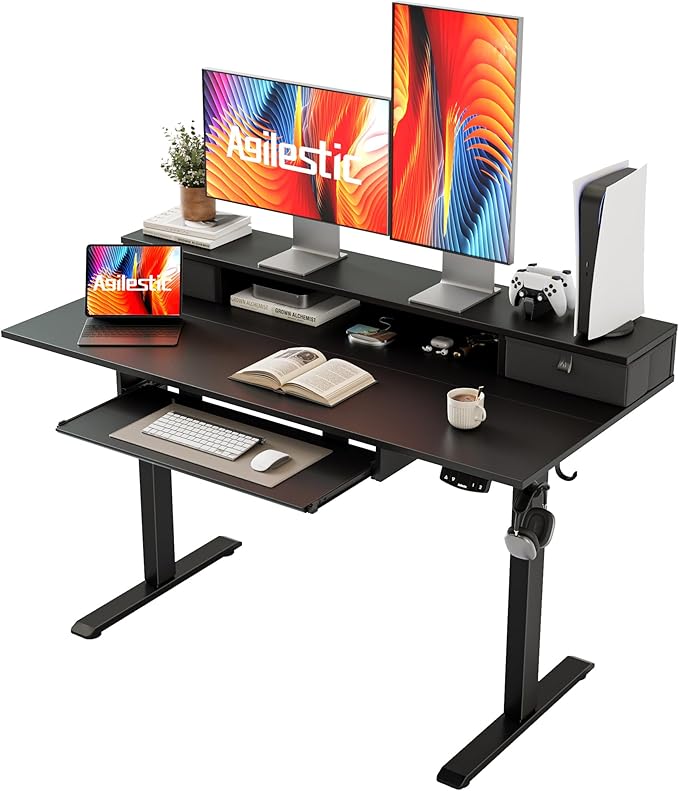 Agilestic Electric Standing Desk with 2 Drawers and Keyboard Tray, 48 x 23 Inches Ergonomic Adjustable Height Desk with Storage, Sit Stand Computer Workstation, Black
