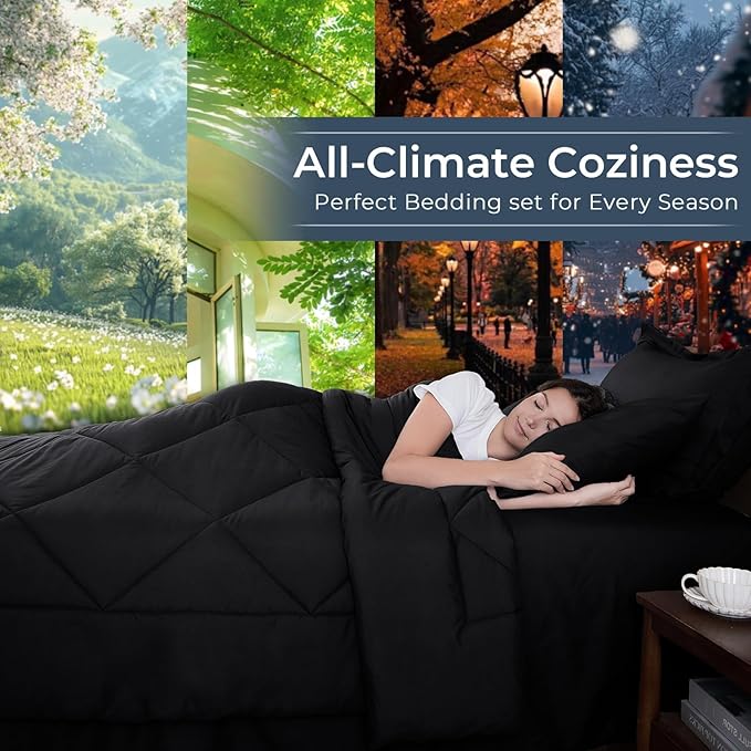 HEVUMYI Black Twin Comforter Set - 5-Piece All Season Bed in a Bag Twin, Ultra Soft Bedding Set with Comforter, Flat Sheet, Fitted Sheet, Pillowcases, Pillow Shams, Black