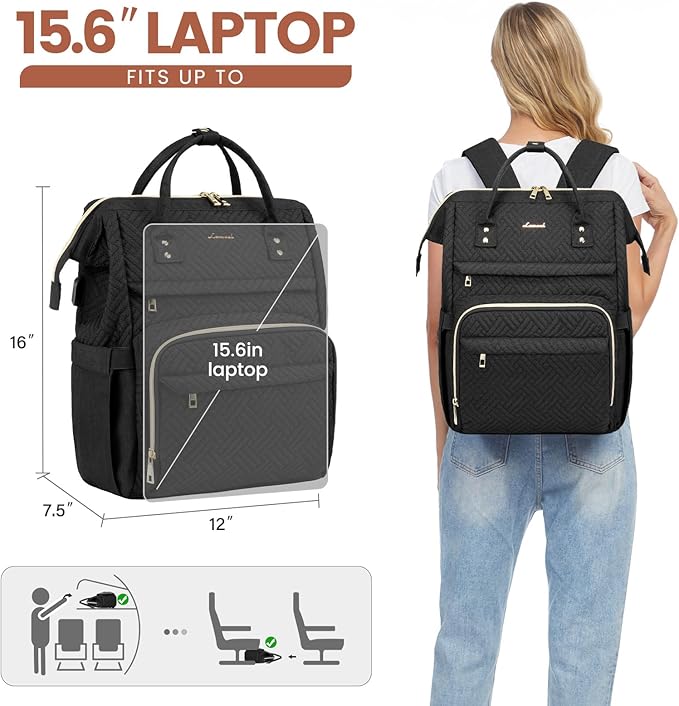 LOVEVOOK Laptop Backpack for Women,15.6 Inch Professional Womens Travel Backpack Purse Computer Laptop Bag Nurse Teacher Backpack,Waterproof Work Bags Carry on Back Pack with USB Port,Black Plait