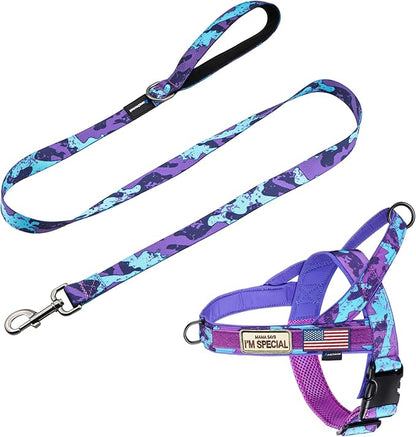 Annchwool No Pull Dog Harness with Padded Handle+5 Ft Leash,Escape Proof and Quick Fit to Adjust Dog Harness,Easy for Training Walking for Small & Medium and Large Dogs(Camo Purple Set,XL)