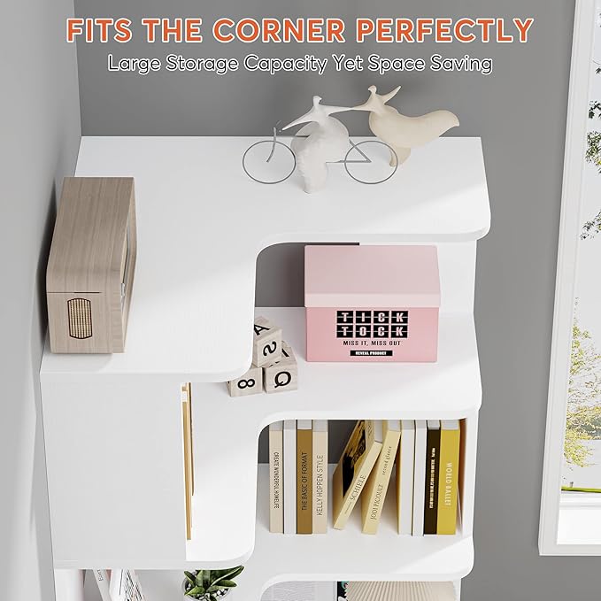 LITTLE TREE Corner Bookshelf, 64.9 Inch Tall Bookcase with Anti-Drop Panel, Modern Freestanding Corner Shelf Display Rack Storage Organizer for Home Office, Living Room, White