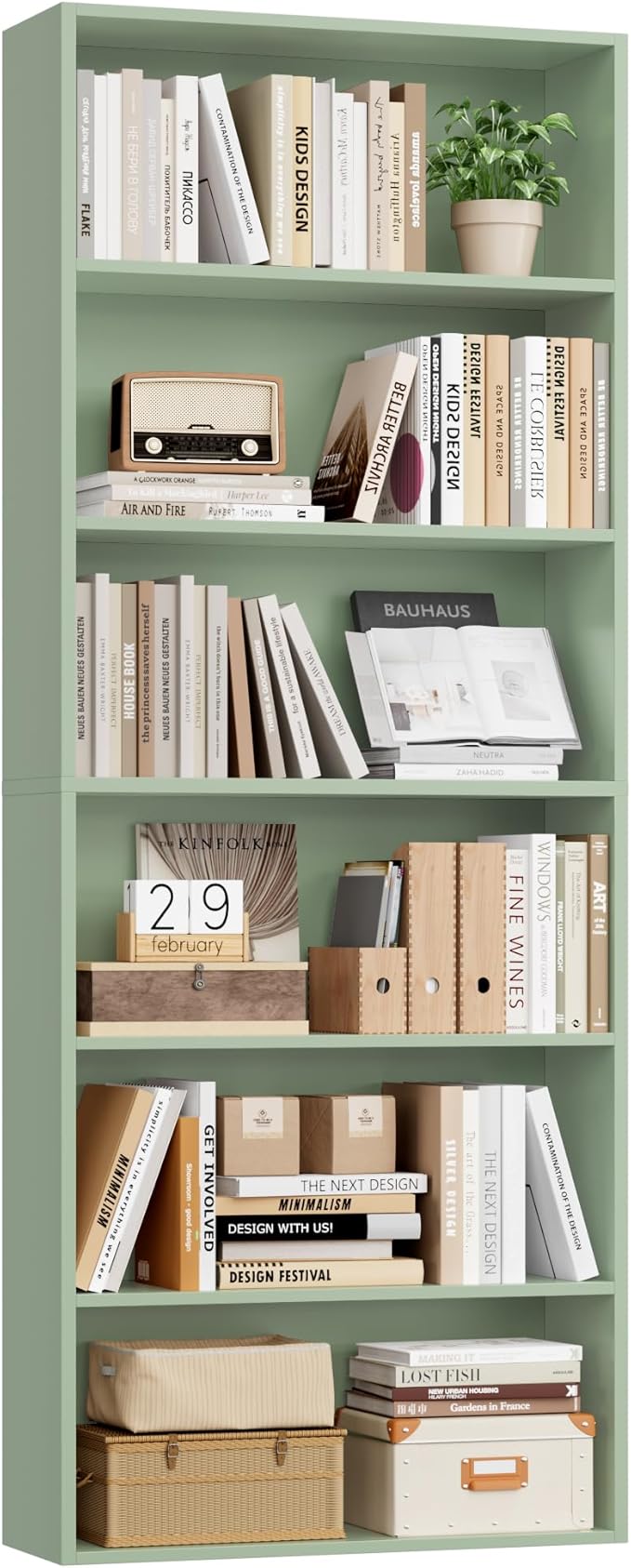 FOTOSOK 6-Tier Open Bookcase and Bookshelf, Freestanding Display Storage Shelves Tall Bookcase for Bedroom, Living Room and Office, Green