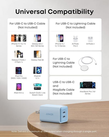 Anker Nano Charger, 47W 2 Port Compact Foldable GaN USB C Charger for iPhone 17/16, Galaxy, Pixel, Compatible with MagSafe (Blue)