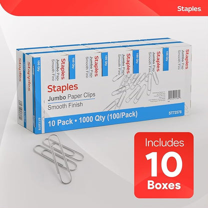 Staples Jumbo Paper Clips, Silver, 1,000 Pack – Large Steel Clips for Documents, Brochures & Office Organization