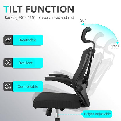 Comfy Office Chair, Home Ergonomic Desk Chairs, High Back Gaming Mesh Computer Chair with Wheels, Lumbar Support, Adjustable Headrest, Flip-up Armrest 350LBS Capacity