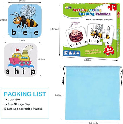 80 Words Self-Correcting Spelling Puzzles, Double-Sided Three and Four Letter Words with Matching Images, Perfect for Kids Age 3+ Year Old