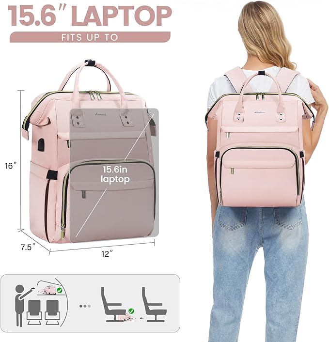 LOVEVOOK Laptop Backpack for Women,15.6 Inch Professional Womens Travel Backpack Purse Computer Laptop Bag Nurse Teacher Backpack,Waterproof College Work Bags Carry on Back Pack with USB Port, Pink