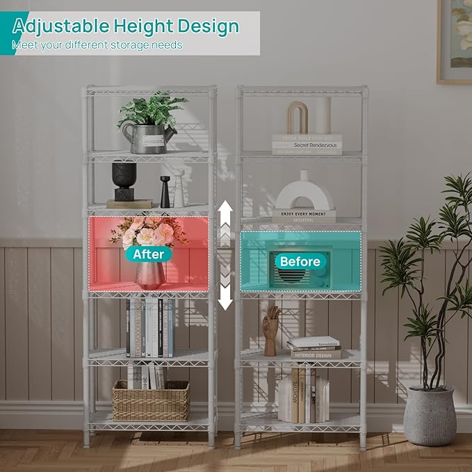 SINGAYE 6 Tier Shelf Adjustable Storage Wire Shelving Unit Metal Shelves Standing Closet Bathroom Organizers Pantry Kitchen Garage Laundry Room Organization Home Rack 12" D X 22" W X 69.5" H White