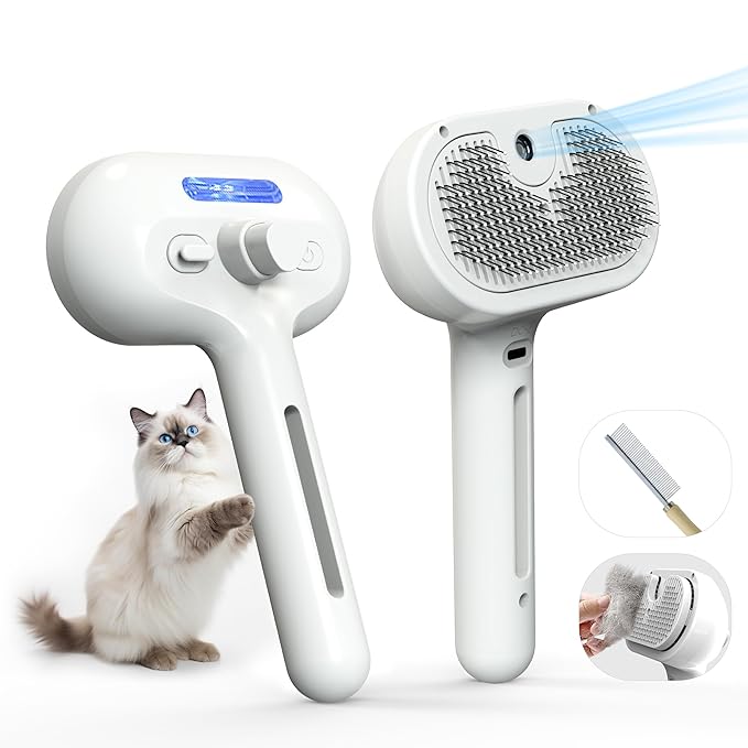 Pet Grooming Brush with Electronic Mist Spray - Gentle Deshedding Tool for Cats & Dogs, Pet Steam Brush，Reduces Shedding, Soft Bristles, Promotes Healthy Coat-Comes with a hair smoothing comb-White