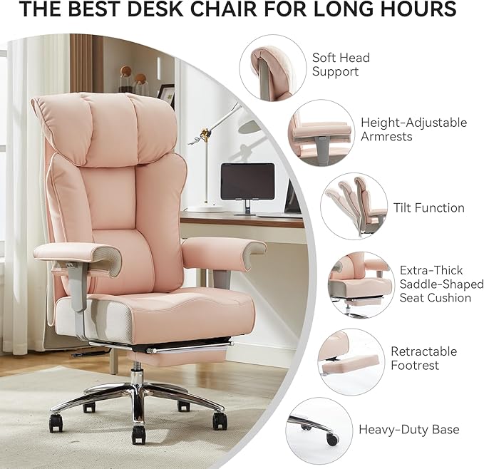 Efomao Big and Tall Ergonomic Office Chair 450LBS with Foot Rest, High Back PU Leather Executive Chair with Adjustable Padded Armrests, Lumbar Support for Home or Work, Heavy Duty Computer Chair, Pink