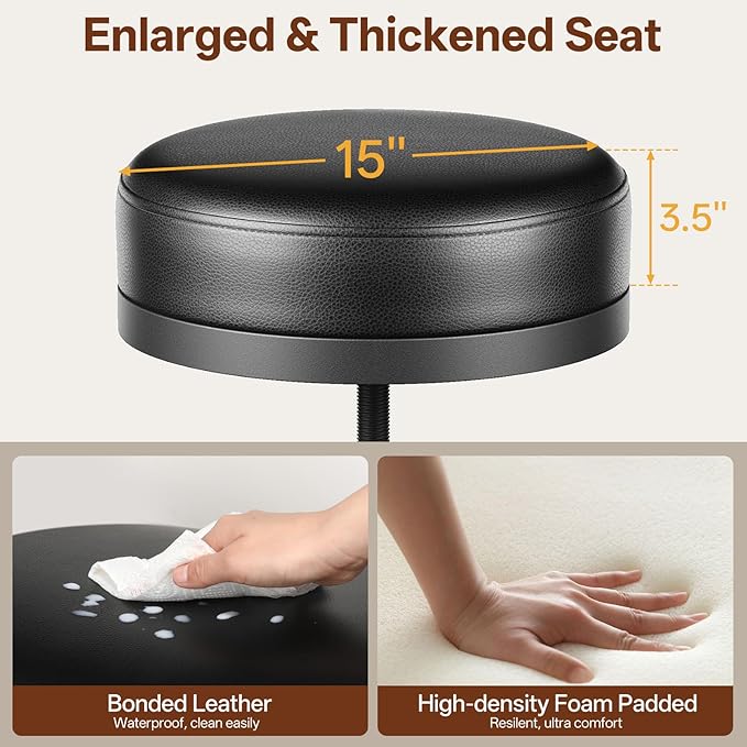 Adjustable Height Swivel Bar Stools Set of 3, 22-29 Inch Industrial Vintage Bar Counter Height Stools with Thicken Premium Bonded Leather Seats & Updated Footrests, Easy Assembly, Black