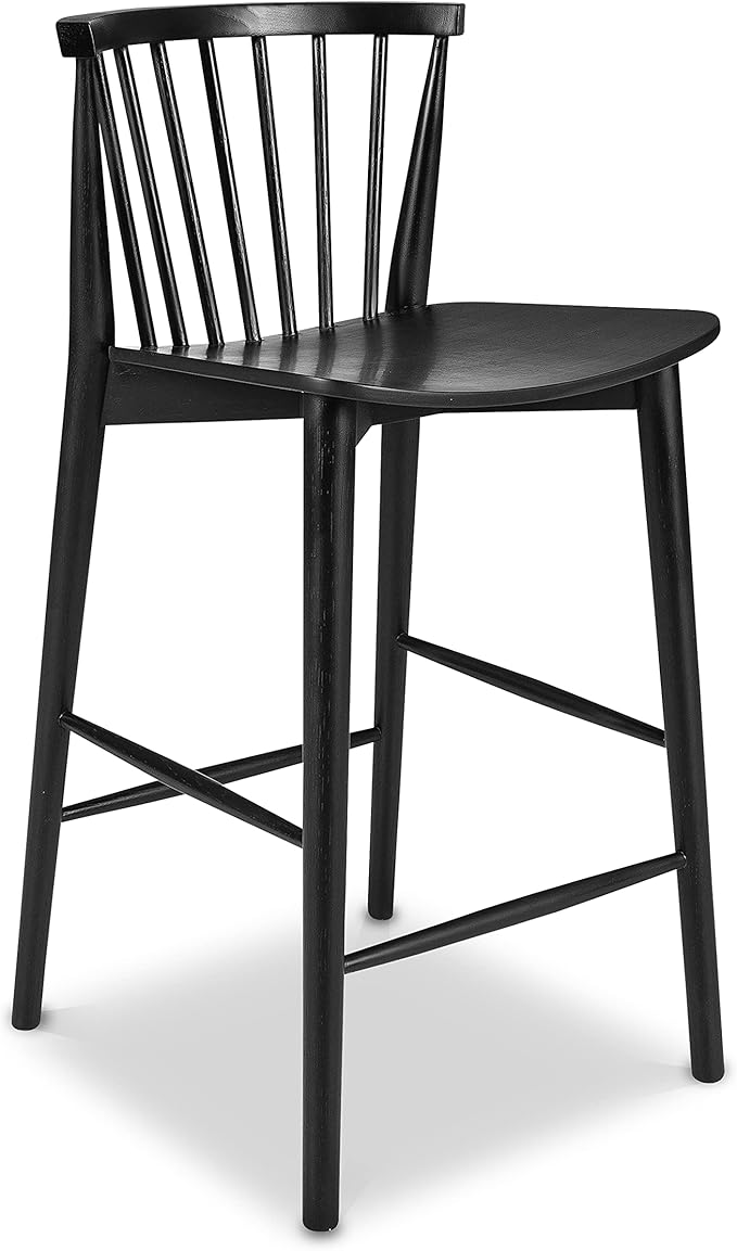 POLY & BARK Ligna Counter Stool Black – Mid-Century Inspired Stool with Sculpted Spindle Back – Solid American Oak Frame and Engineered Wood Veneered Seat – Fully Assembled and Ready to Use