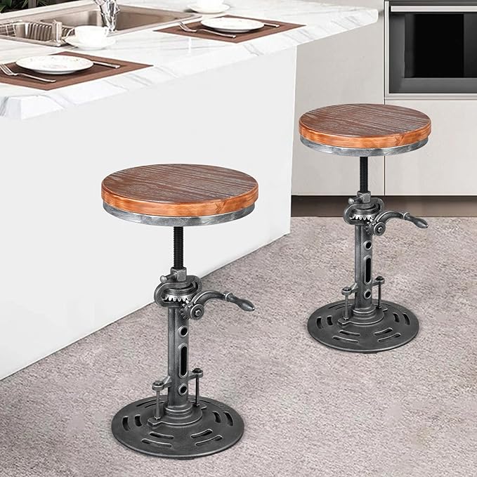 LOKKHAN American Antique Steampunk Deco Vintage Industrial Bar Cafe Stool, Retro Stylish Cast Iron Base Swivel Round Wood Top, Easily Adjusts by Crank Handle