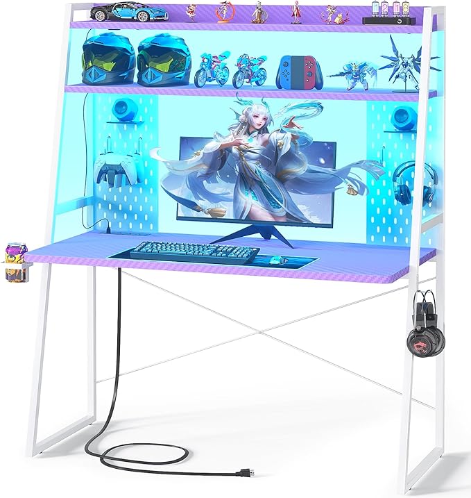 Gaming Desk with Hutch and LED Lights, Gaming Computer Desk with Power Outlets, Gamer Desk with Storage Shelves & Pegboards for Bedroom, Carbon Fiber Purple, 43"