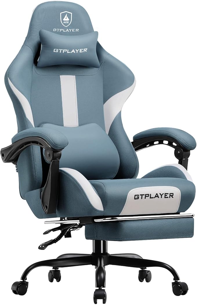 GTRACING Gaming Chair with Foot Rest & Pocket Spring Cushion, Breathable Fabric for Home Office Desk, Ergonomic High Back Computer Chair with Headrest & Lumbar Support, Blue