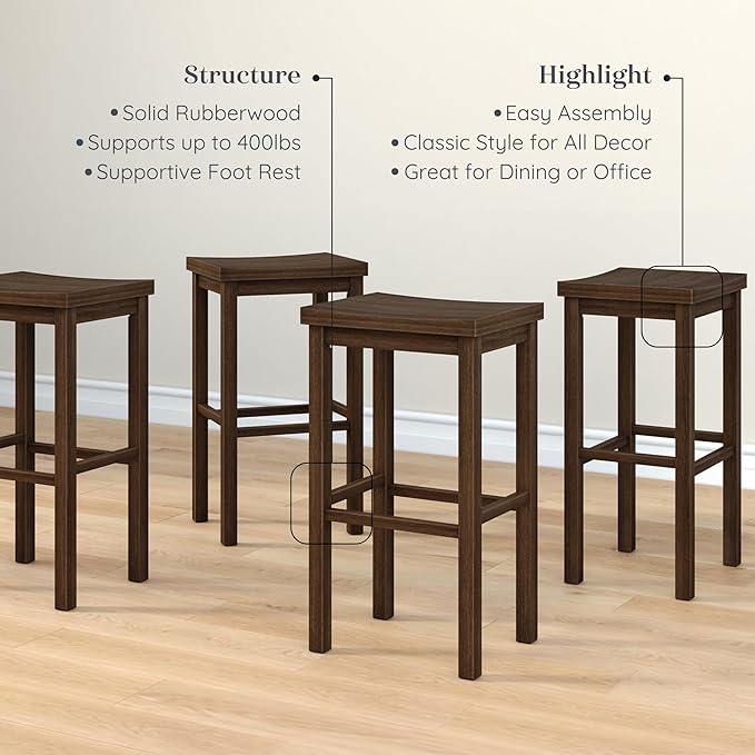 Grain & Grove Smith Collection Set of 4 Solid Wood Bar Stools, 30 inch Saddle-Seat Bar Chairs, Backless, Heavy-Duty Construction, Footrest Support, for Kitchen Islands, Home Bars, and Counters, Walnut