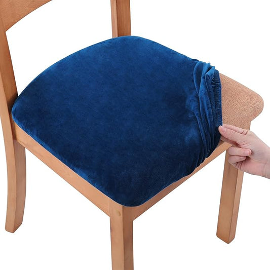 Smiry Velvet Seat Covers for Dining Room Chair Set of 4, Stretch Fit Removable Washable Chair Seat Cushion Protector Slipcovers with Ties, Federal Blue