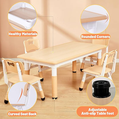 FUNLIO Kids Table and 4 Chairs Set for Ages 3-8, Height Adjustable Toddler Table and Chair Set, Easy to Wipe Arts & Crafts Table, for Classrooms/Daycares/Homes, CPC & CE Approved (5 pcs Set) - Natural