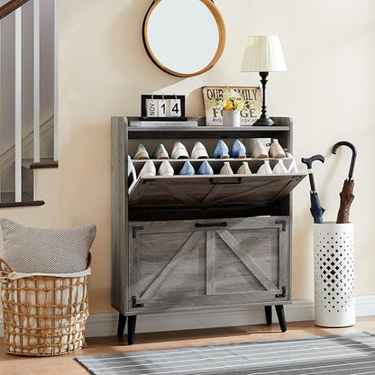 Shoe Storage Cabinet with 2 Flip Drawers, Farmhouse Hidden Shoe Organizer, Narrow Slim Shoe Rack Cabinet for Entryway Hallway,Washed Gray