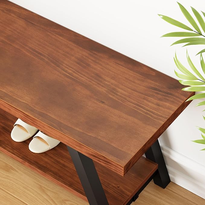 IBF Natural Real Wood Entryway Bench, Solid Wood Storage Bench, Industrial Bedroom Bench in Entry Way Hallway Foyer Rack, Modern Shoe Bench Seat for Living Bed Room Indoor, Rustic Brown, 47 Inch
