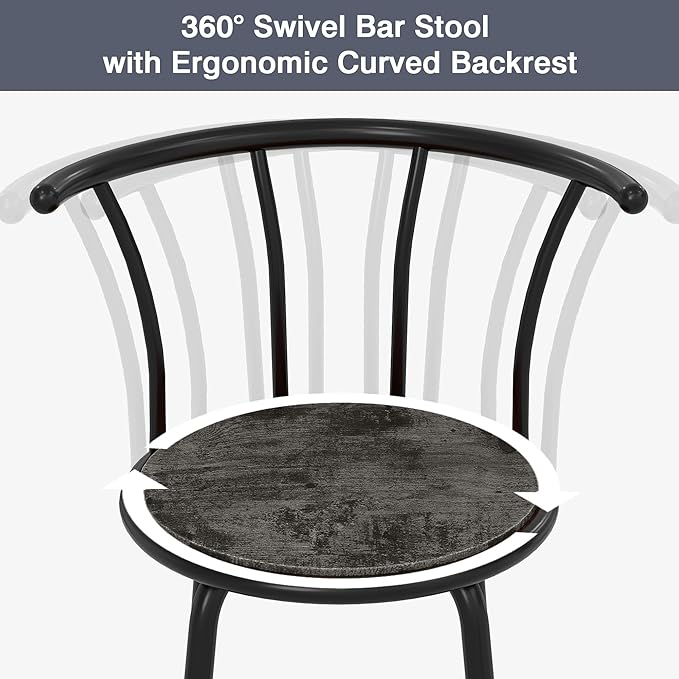 VECELO Bar Stools Set of 4, Swivel Counter Barstools with Backrest, Bar Height Chairs for Dining Room, Kitchen Island, Pub, Easy Assembly, Grey