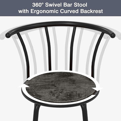 VECELO Bar Stools Set of 4, Swivel Counter Barstools with Backrest, Bar Height Chairs for Dining Room, Kitchen Island, Pub, Easy Assembly, Grey