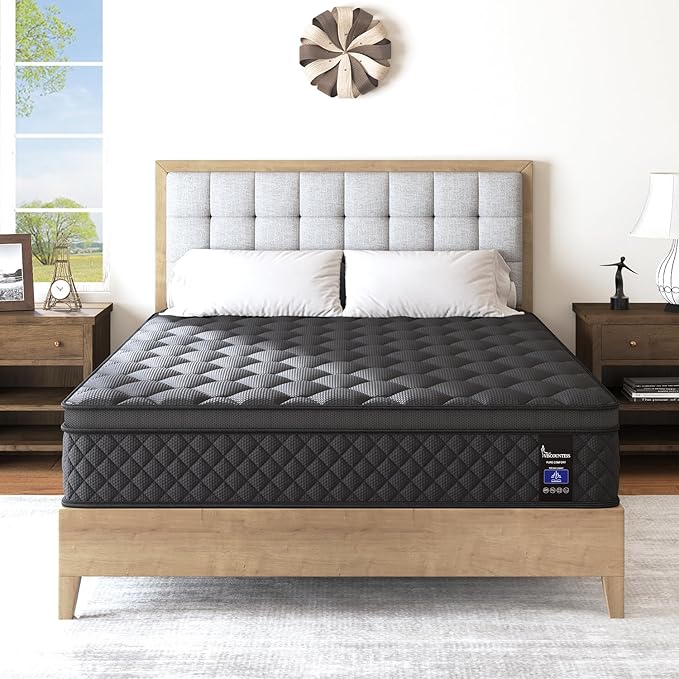 Full Hybrid Mattress, 14 Inch Medium Mattresses Euro Top for Back & Lumbar Support, 100 Night Trial, Individual Pocket Spring Bed for Motion Isolation & Pressure Relief Black