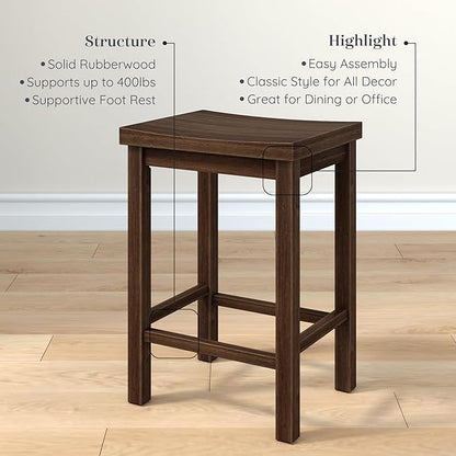 Grain & Grove Smith Collection Solid Wood Counter Height Bar Stool, 24-Inch Saddle Seat Backless Stool, Ideal for Kitchen Island, Dining, or Home Bar Seating, Walnut